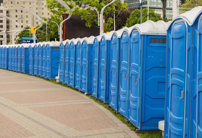 a fleet of portable restrooms ready for use at a large outdoor wedding or celebration in Belleville NJ